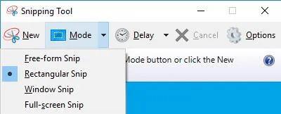 snipping tools mode options