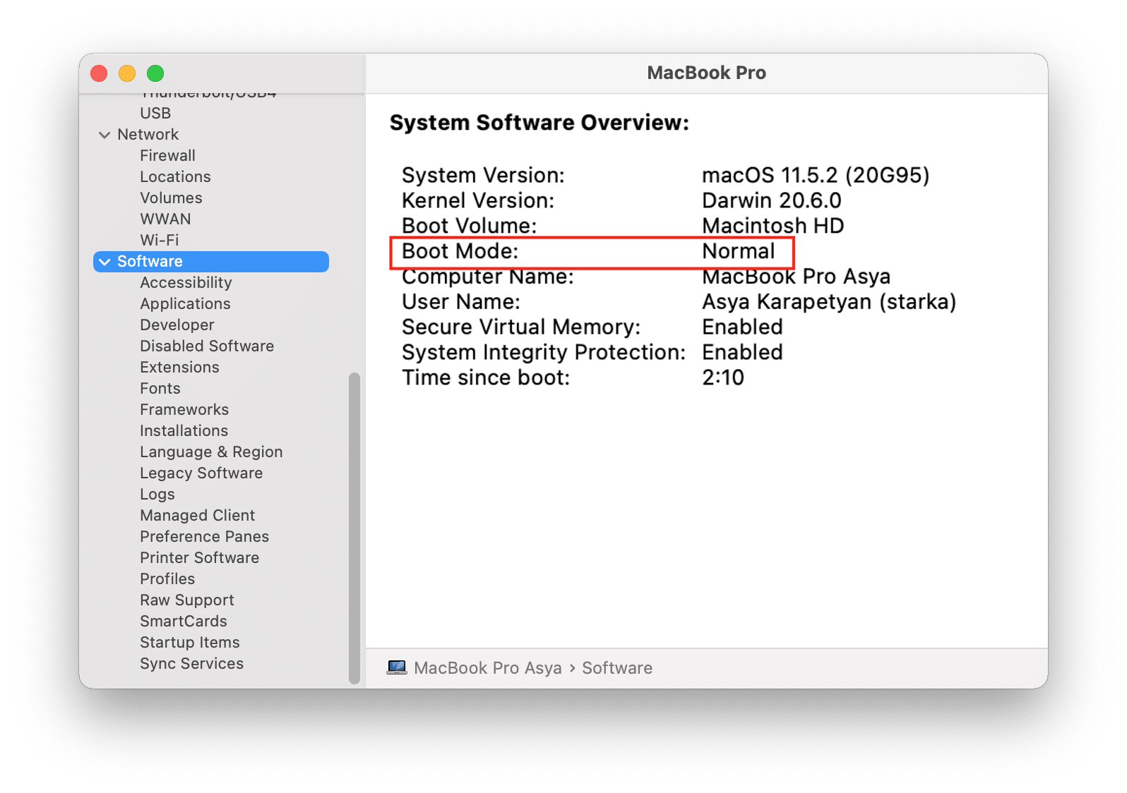 Fenêtre d'information sur les logiciels Mac affichant le mode de démarrage