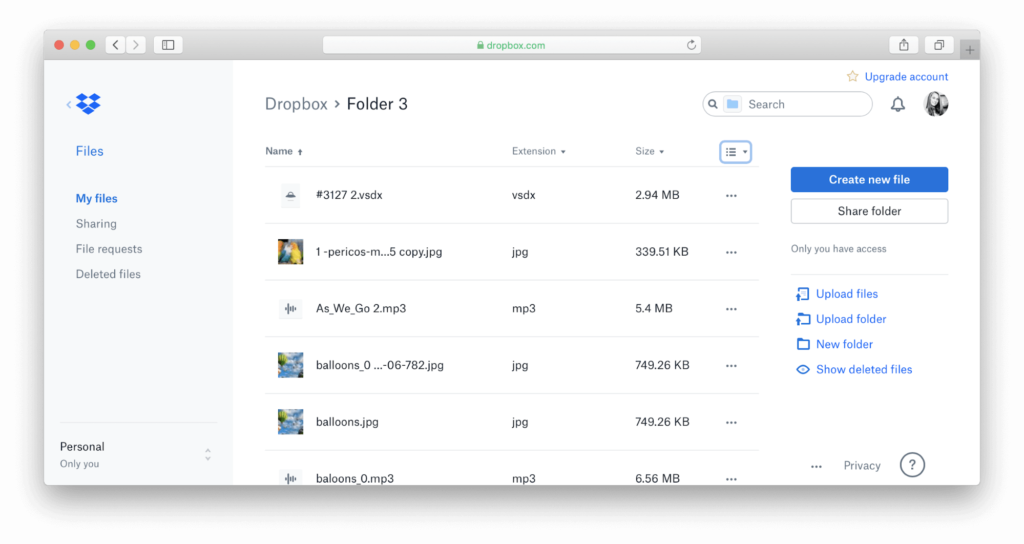 Section Mes fichiers dans le compte Dropbox