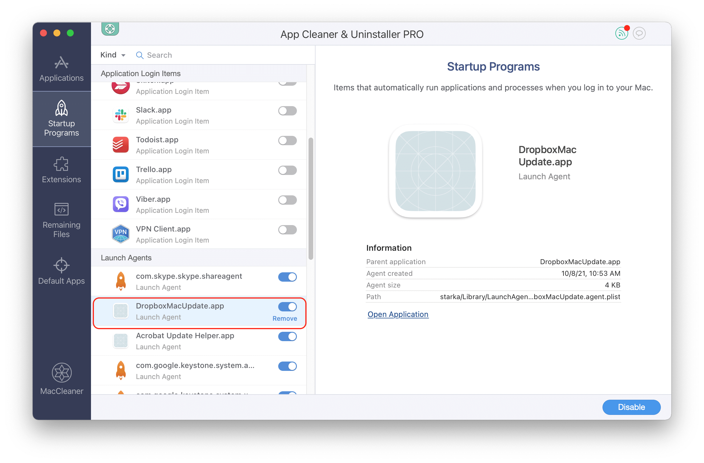 App Cleaner &amp ; Uninstaller montrant l'agent de lancement de Dropbox