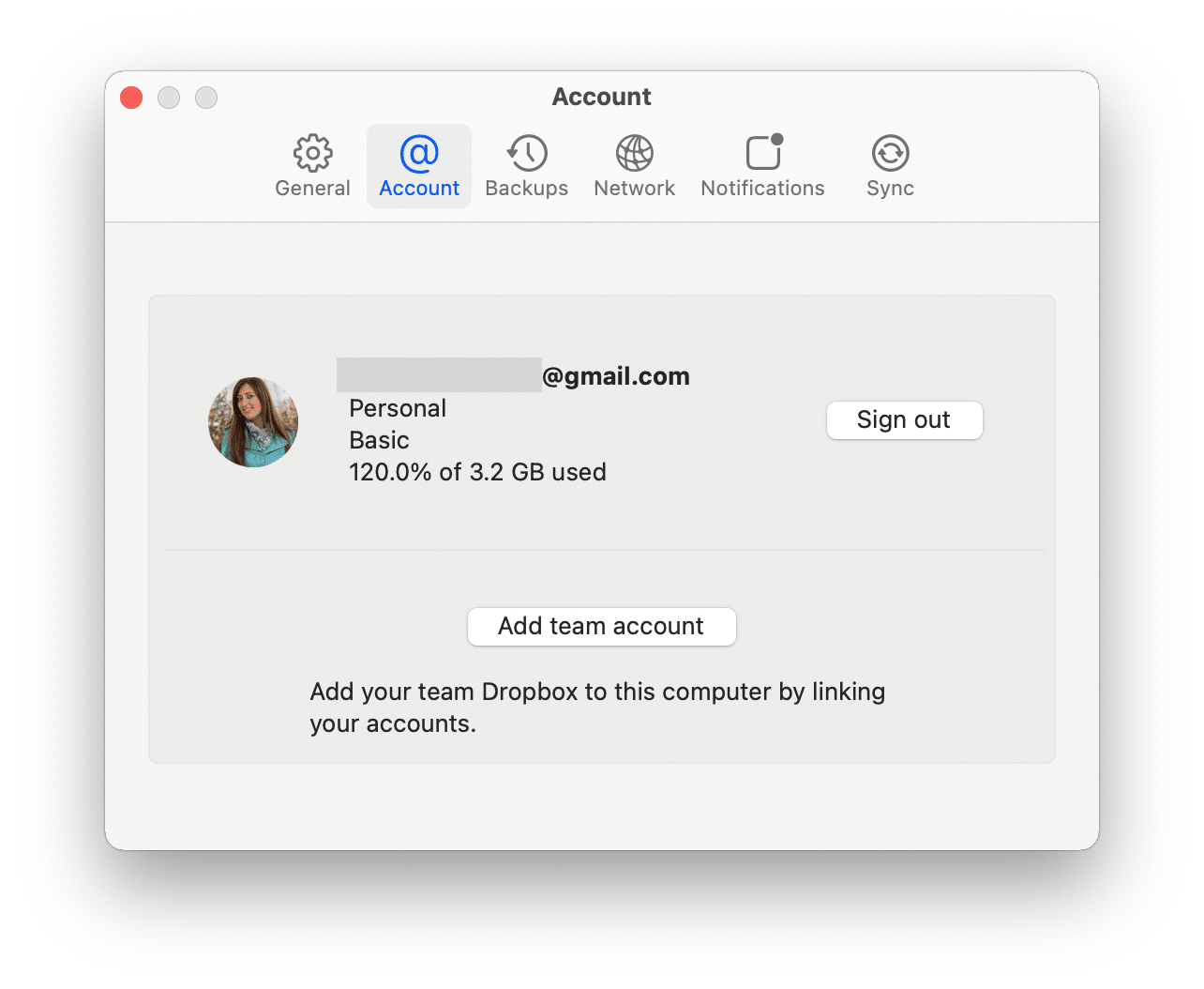 fenêtre de réglage de Dropbox