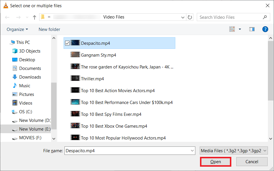 sélectionner l'emplacement du fichier vidéo