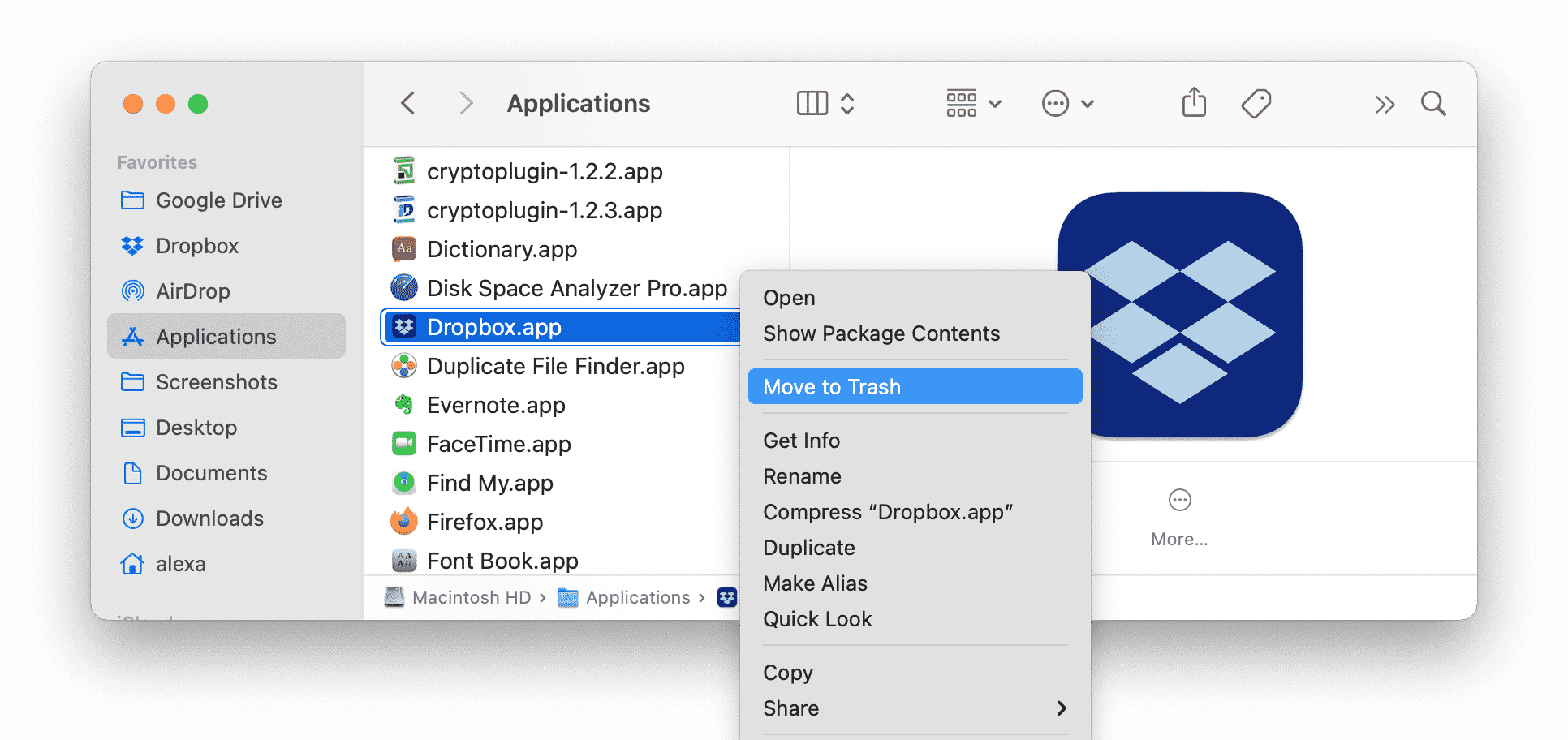 Dossier Applications montrant l'application de bureau Dropbox