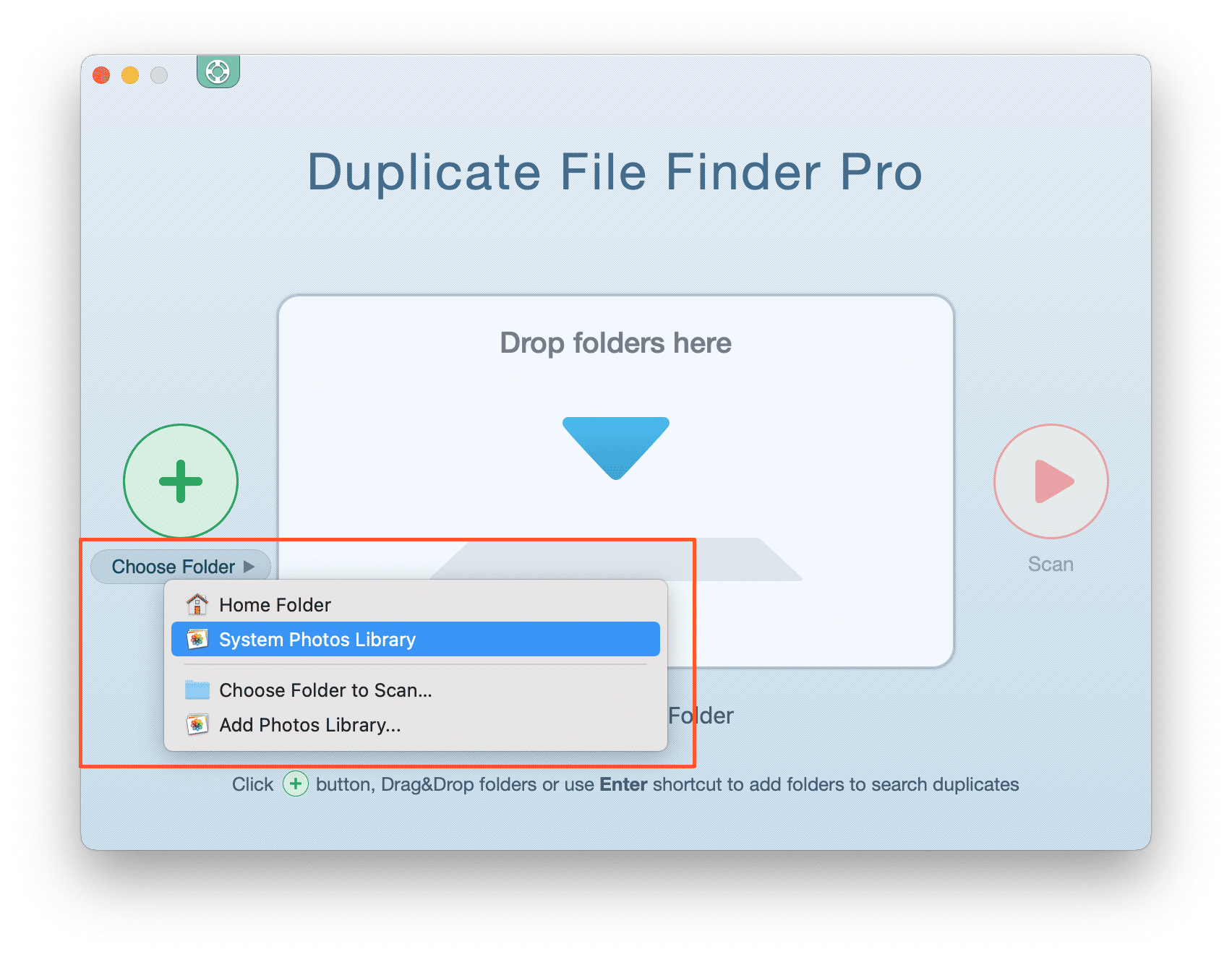 La fenêtre de démarrage de Duplicate File Finder montrant comment choisir un dossier à scanner