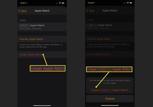 iPhone Watch app showing Unpair Apple Watch settings