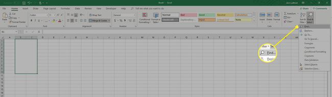 The Find option in the Find & Select menu of Microsoft Excel.