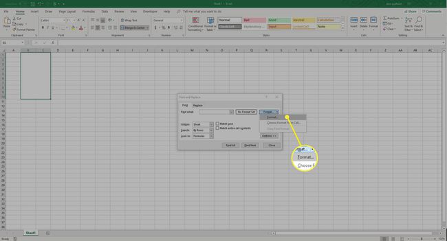 The Format option in the Find and Replace menu in Excel.
