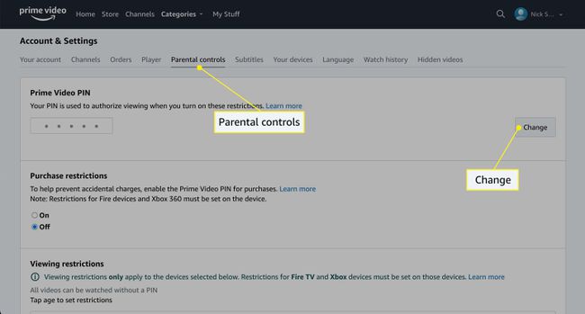 Parental Controls and Change button highlighted to change Prime Video PIN on desktop.