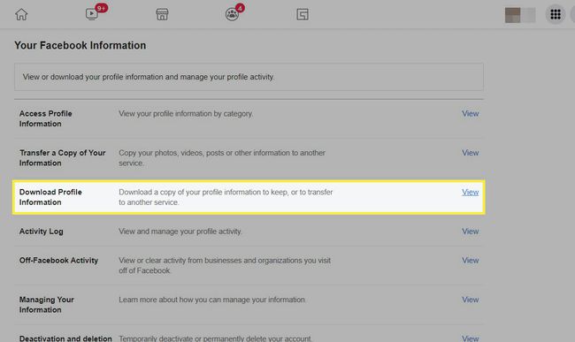 Download Profile Information selected and highlighted in Facebook settings.