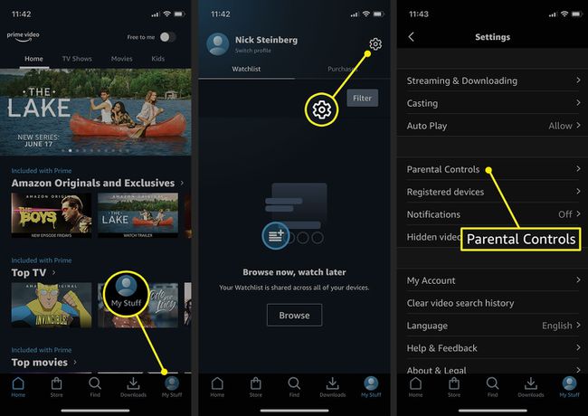 My Stuff and Cog icon highlighted to access Prime Video settings and Parental Controls with iOS app