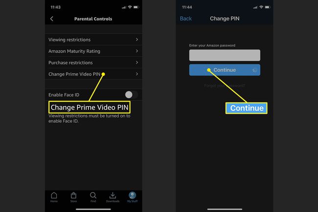 Change Prime Video PIN and Continue highlighted in iOS app