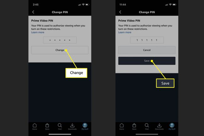 Change and Save selected to make and confirm Prime Video PIN change on iOS app