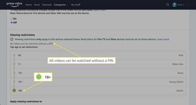 Changing Prime Video viewing restrictions to 18 on desktop