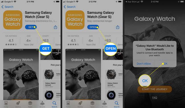 Get and OPEN highlighted in Samsung Galaxy Watch in the app store, and OK highlighted in the Watch app