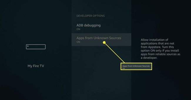 Fire TV developer options with sideloading enabled.