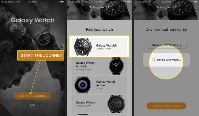 START THE JOURNEY highlighted in the iPhone Galaxy Watch app, Galaxy Watch 3 highlighted in watch selection, and A Galaxy Watch pairing to an iPhone.
