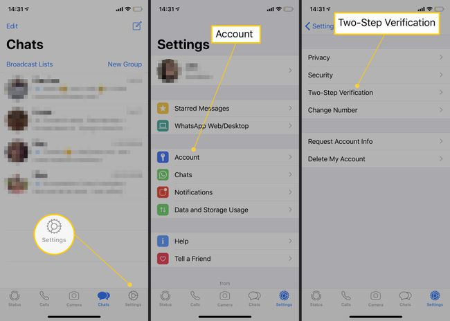 Steps for getting to the two-step verification menu in WhatsApp