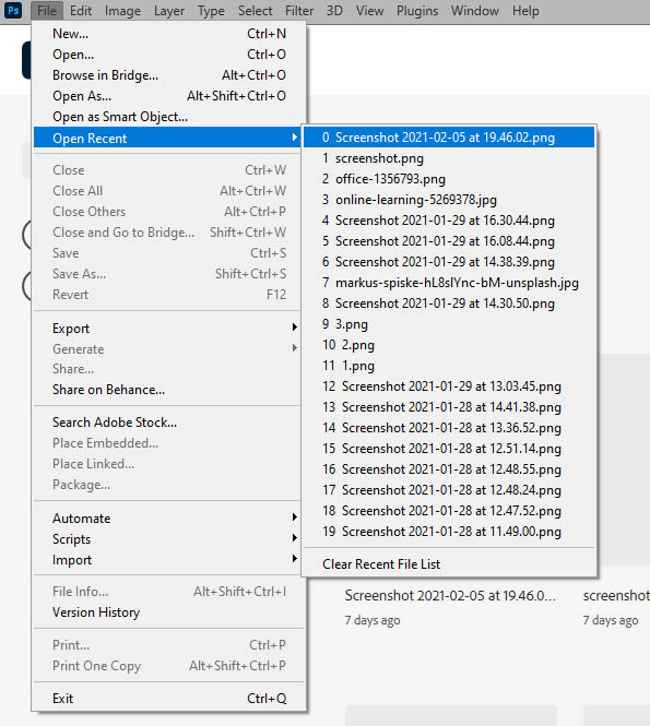 open recent menu in photoshop
