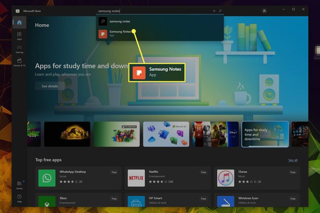 Samsung Notes highlighted in the Microsoft Store search bar.