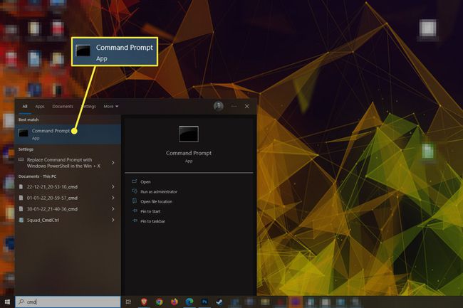 Command Prompt highlighted in Windows 10 Start menu.
