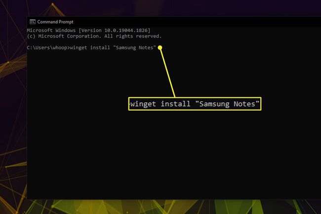 Samsung Notes winget command highlighted in the Windows Command Prompt.