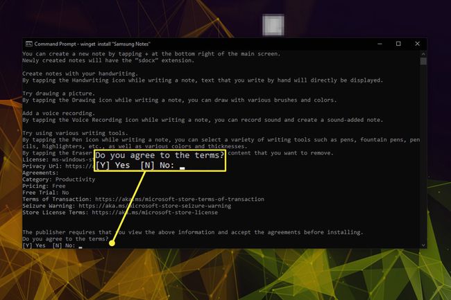 Terms of agreement in Command Prompt on a Windows 10 PC.