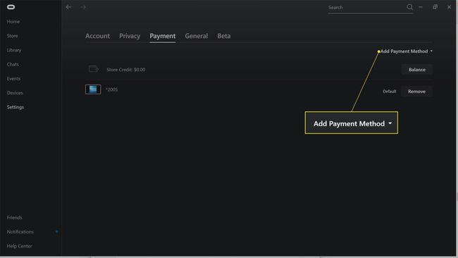 Add Payment Method highlighted in the Oculus app.