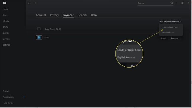 Credit or Debit card highlighted in the Oculus app.
