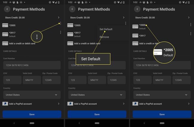 Quest Payment Methods with More (three dots), Set Default, and default card highlighted