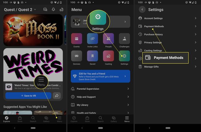 Quest settings with Menu, Settings, and Payment Methods highlighted
