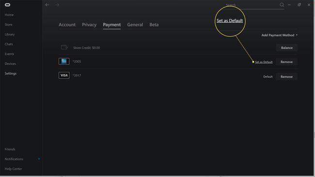 Set as Default highlighted in the Oculus app.