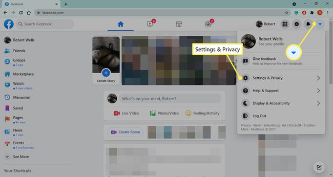 Down arrow and Settings & Privacy highlighted on Facebook.com
