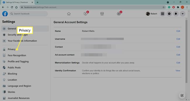 Privacy settings highlighted on Facebook.com