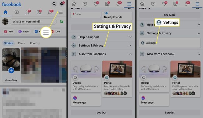 Menu, Settings & Privacy, and Settings highlighted in Facebook