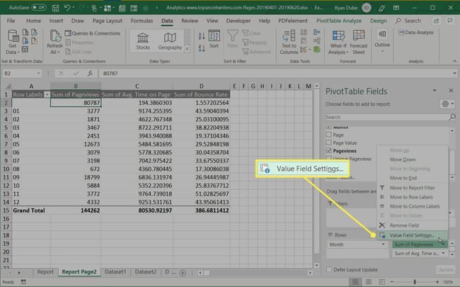 Value Field Settings in a pivot table.
