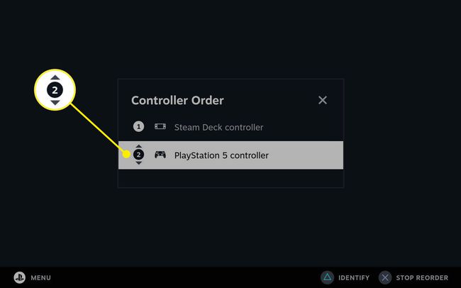 The up and down icon highlighted in Steam Deck controller order settings.