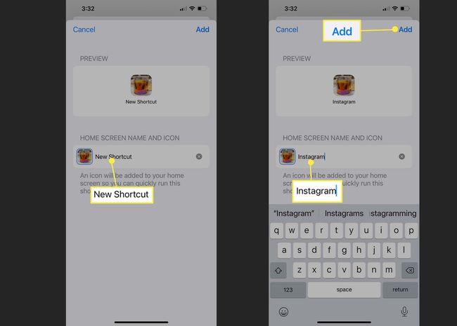 Adding shortcut name; adding shortcut.