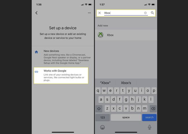 Google Home app with Works With Google and Xbox in search field highlighted