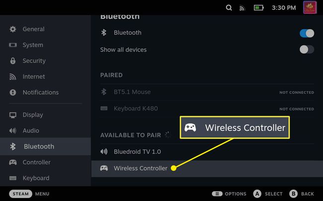 Wireless Controller highlighted in Steam Deck Bluetooth settings.