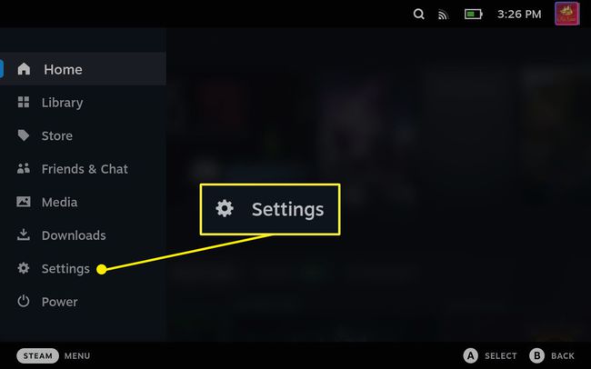 Settings highlighted in the Steam Deck main menu.