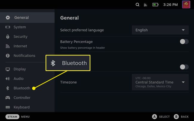 Bluetooth highlighted in the Steam Deck settings menu.