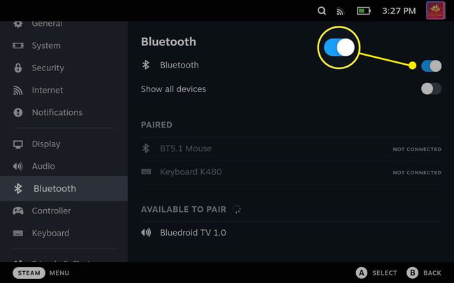 The Bluetooth toggle highlighted on a Steam Deck.