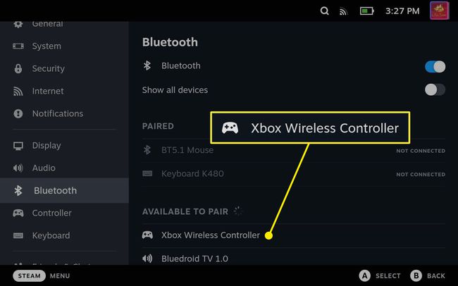 Xbox Wireless Controller highlighted on a Steam Deck.
