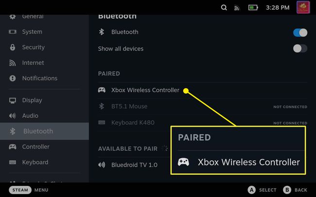 An Xbox controller paired to a Steam Deck.