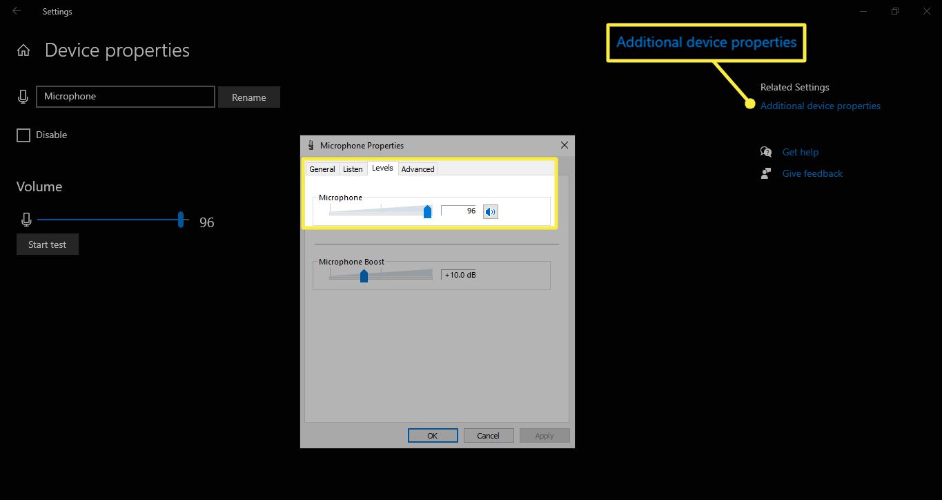 Additional device properties, the Levels tab, and the Microphone volume slider in Wondows sound settings
