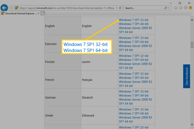 Download links for Internet Explorer