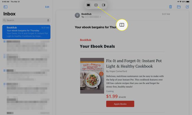 Split View option selected in the Mail window
