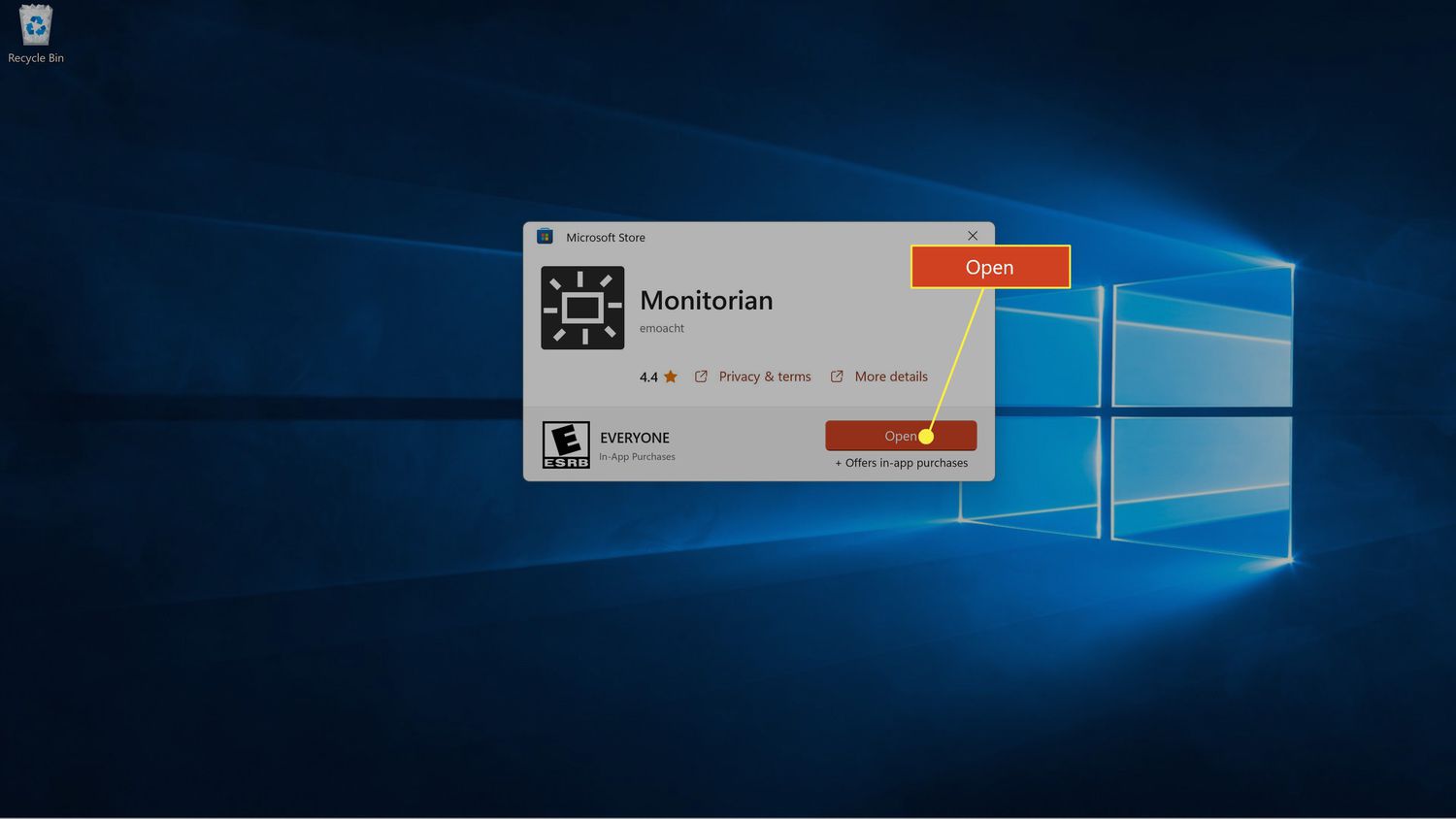Open highlighted in a Microsoft Store app window.