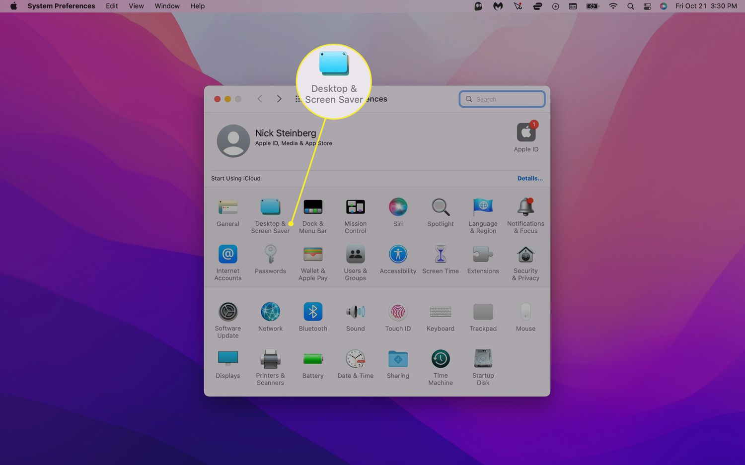 Desktop and Screen Saver highlighted in Mac settings