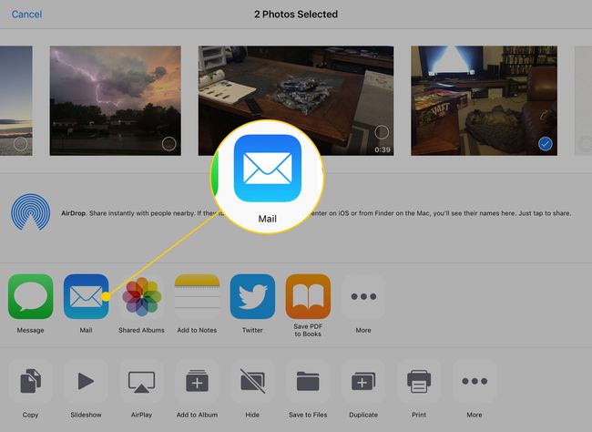 Share menu on an iPad with the Mail button highlighted